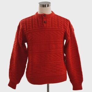 80s Vintage Textured Henley Sweater Mens M Red Heavyweight Holiday Knit
